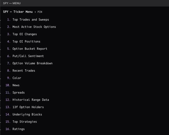 The ticker menu in the Unusual Whales Console